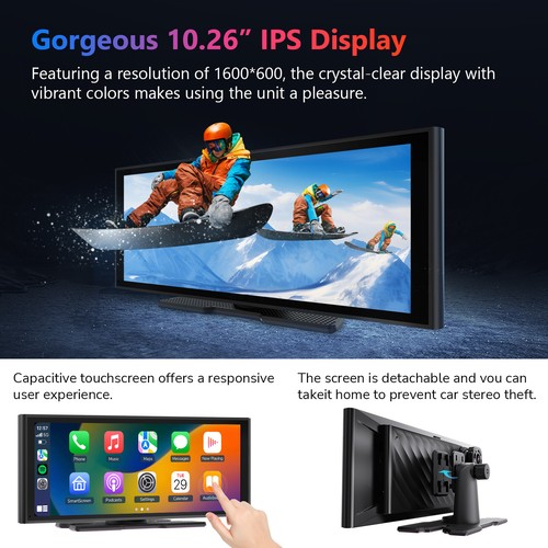 Portable Wireless Android Auto CarPlay 10.26" IPS Screen Car Stereo Radio 4K DVR - Picture 10 of 18