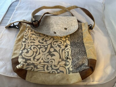 Myra Bag Factual Upcycled Canvas & Cowhide/Fur Shoulder Messenger Bag S-1487