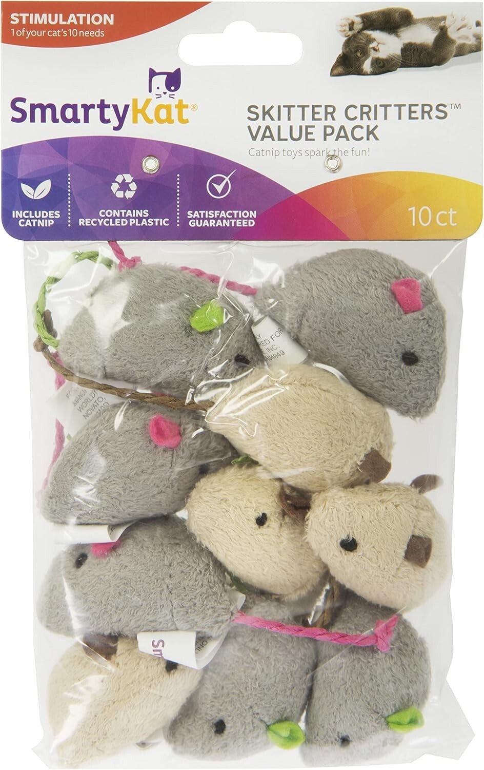 SmartyKat Skitter Critters Cat Toy Catnip Mice Gray Beige Set of 10 (Value Pack)