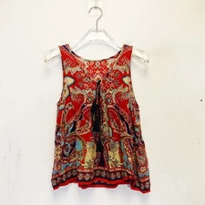 Boho Womens Top Small Tank Red Floral Paisley V Neck Tasseled Trapeze Boho Flowy