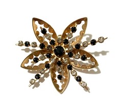 Vtg Brooch Pin Pendant Black Clear Rhinestone ProngSet Starburst Flower GoldTone