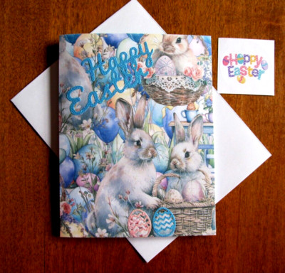 Handmade Easter Greeting Card, Env. & Seal - White Bunnies in Baskets