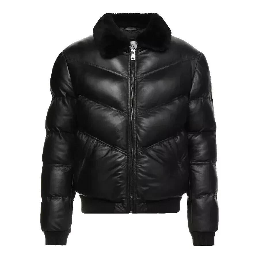 Men's Puffer Bomber Real Lambskin Fur Collar Winter Quilted Black Leather Jacket