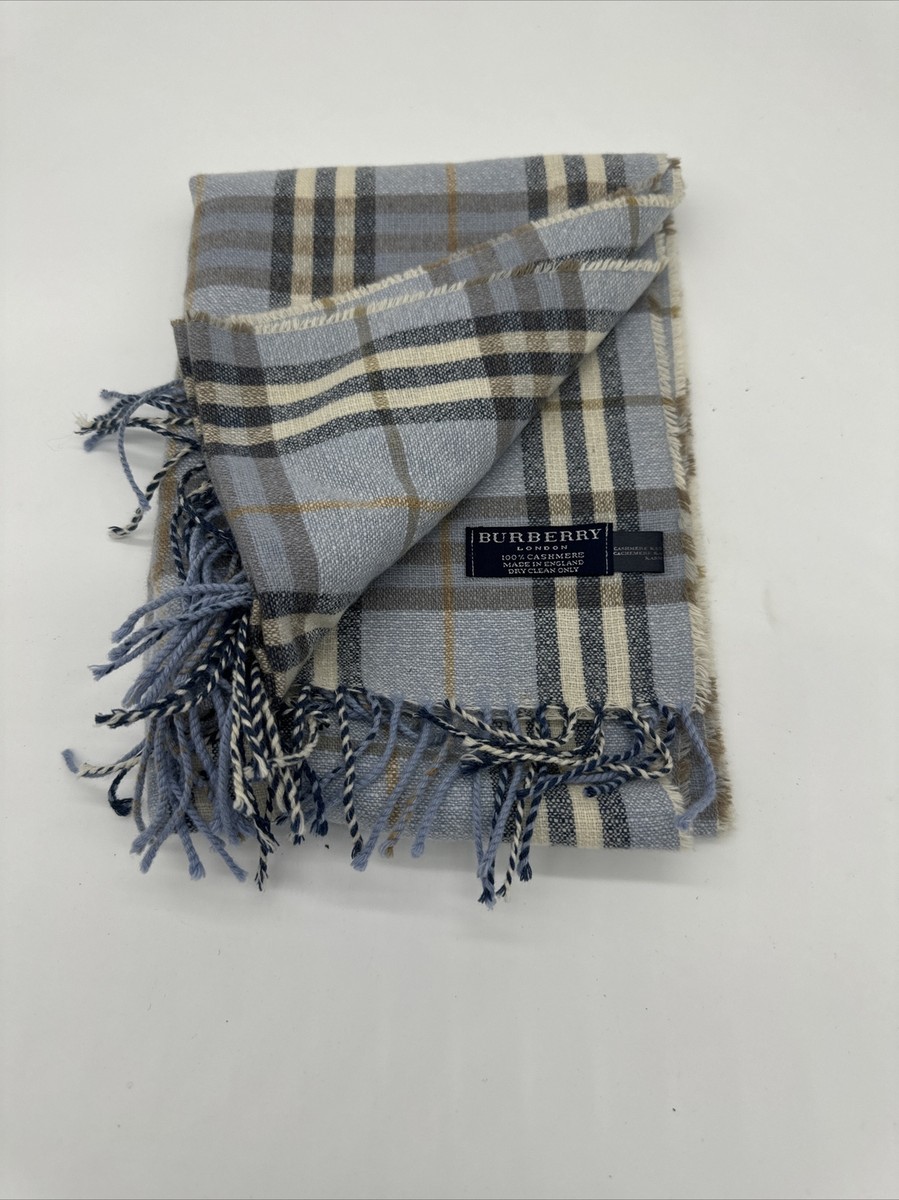 BURBERRY 100% Cashmere Scarf, Pale Blue/White/ Navy/ Tan, Plaid