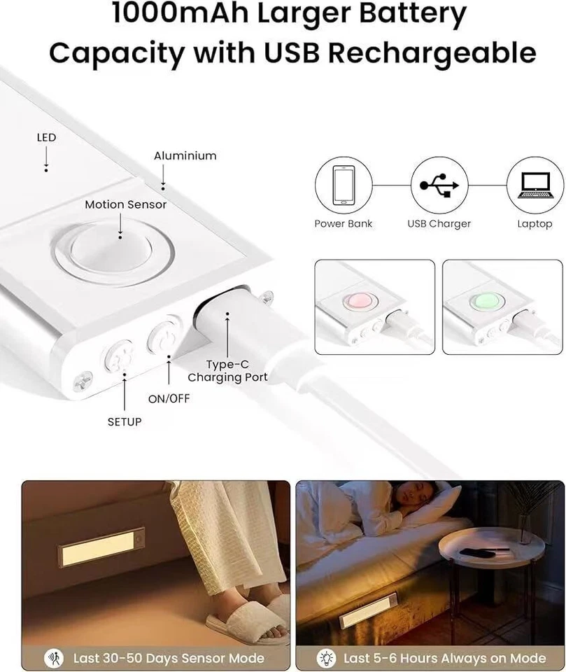 Paquete de 3 76 luces LED con sensor de movimiento, 8 pulgadas USB recargables debajo del gabinete luces Foto 4 de 4