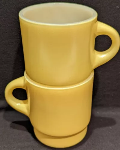 Vintage Anchor Hocking Fire King Ware Yellow Stacking Coffee Cups Mugs