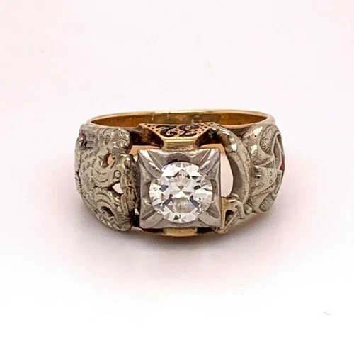 Masonic 10k Yellow Gold Men's Ring .85ct Genuine Natural Diamond Eagle (#J4838)