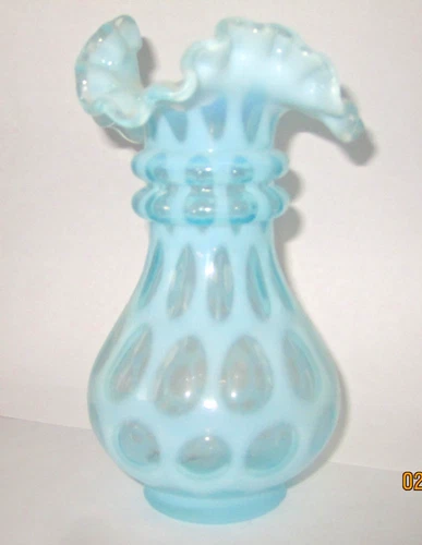 Fenton Blue Opalescent Coin Dot Vase Pre-logo 6.5 In Ruffled Edges