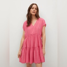 MNG Mango Pink Tiered V-Neck Mini Dress