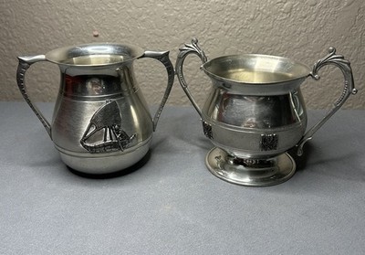  Vintage Pewter Sugar Bowl/Cup Lot Inpel Bolivia + F.E.M.A 97% Estano Boat Scene