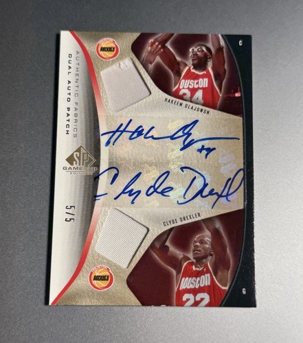 Hakeem Olajuwon Clyde Drexler 2006 SP Game Used Dual Patch Auto /5 Rockets SSP