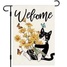 DLZDN Spring Cat Garden Flag Floral Tuxedo 18"L x 12"W, Black