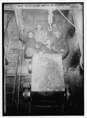 Photo:Colorado Mine 1910s Miners in Skip 750 Ft Underground Hoist Bucket