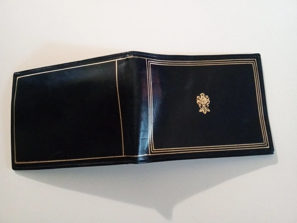 Cartera italiana suave azul vintage de cuero con patrón de harina de lis, leer Foto 2 de 4