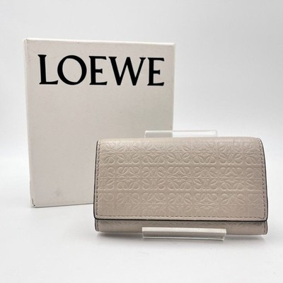 LOEWE Repeat Anagram 6-Key Case Key Holder Beige Leather Gold Ladies Used