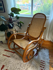 Wood Cane Bentwood Rocking Chair w/ Arms, Brown/Beige, Indoor