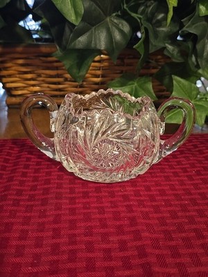 Antique Brilliant Cut Glass Crystal Sugar Bowl Large Sawtooth Rim Double Handle