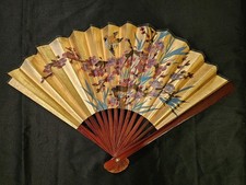 Vintage Mid 20th Century Hand Painted Floral And Birds Hand Fan Made In China