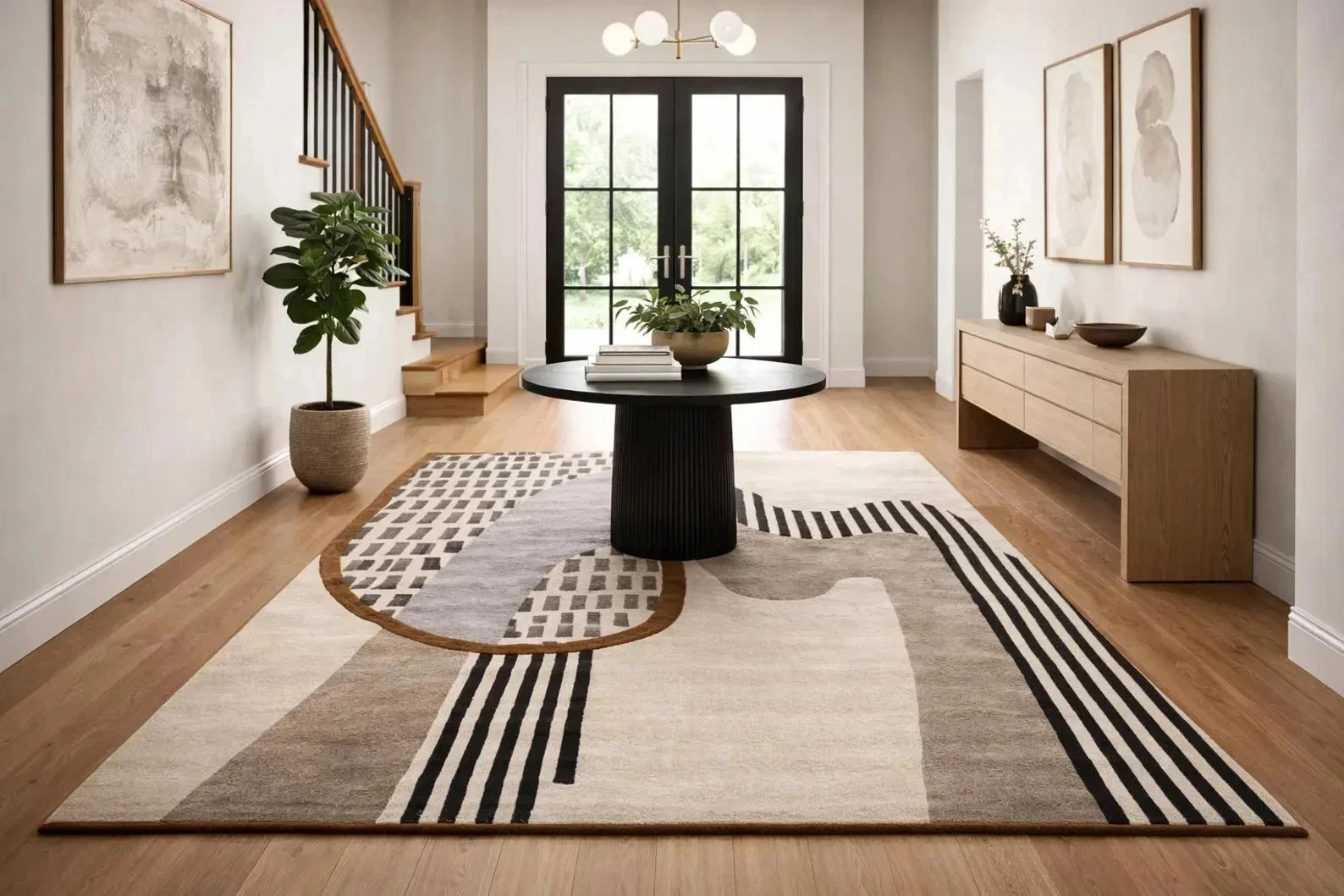 Modern Abstract Hand Tufted Border Area Rug Luxury Designer Wool Carpet