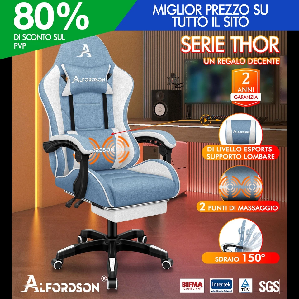 ALFORDSON Massaggio Sedia da Ufficio Gaming Tessuto di Lino Computer Racer