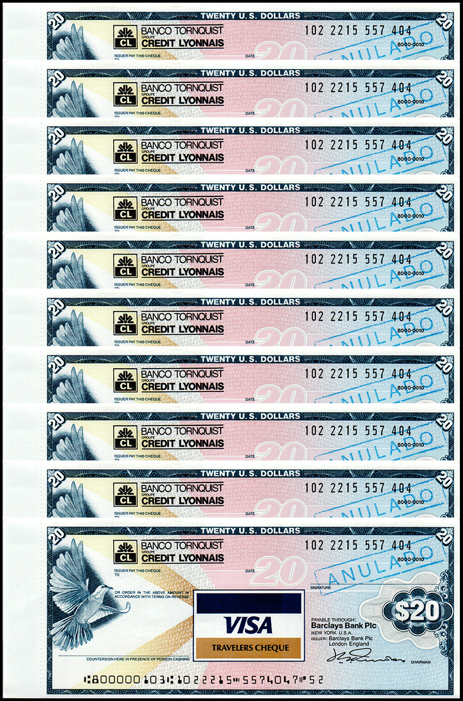 United states of america visa travelers cheque, 20 dollars, 1987 x 10 pcs