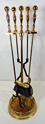 Vintage Elegant Ornate Round Base Brass Fireplace Tool Set - 4 Piece + Stand