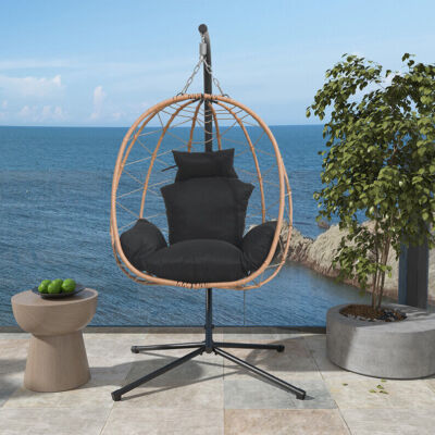 Rattan Hanging Egg Swing Chairs w/ Stand Hammock Patio Chair Cushion Outdoor