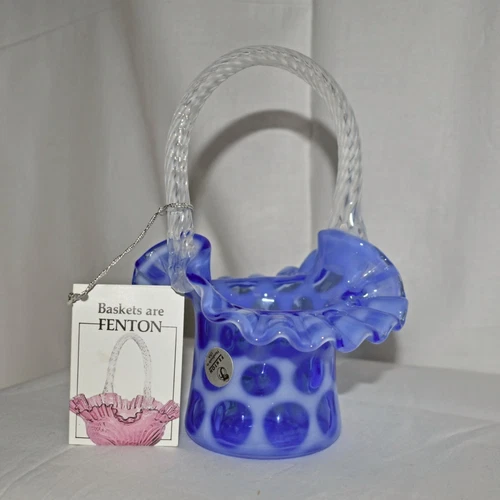 vintage Fenton cobalt blue opalescent basket Frank Fenton 1970s w/tag GORGEOUS