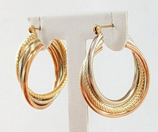 14K Tri Color Gold Intertwined White, Rose, Yellow Hoop Earrings, 24mm Diameter