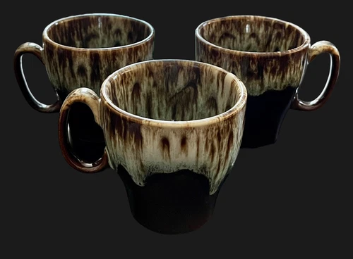 Set Of 3 Canonsburg Brown Drip Glaze Vintage USA Pottery Coffee Mugs Cups 70s