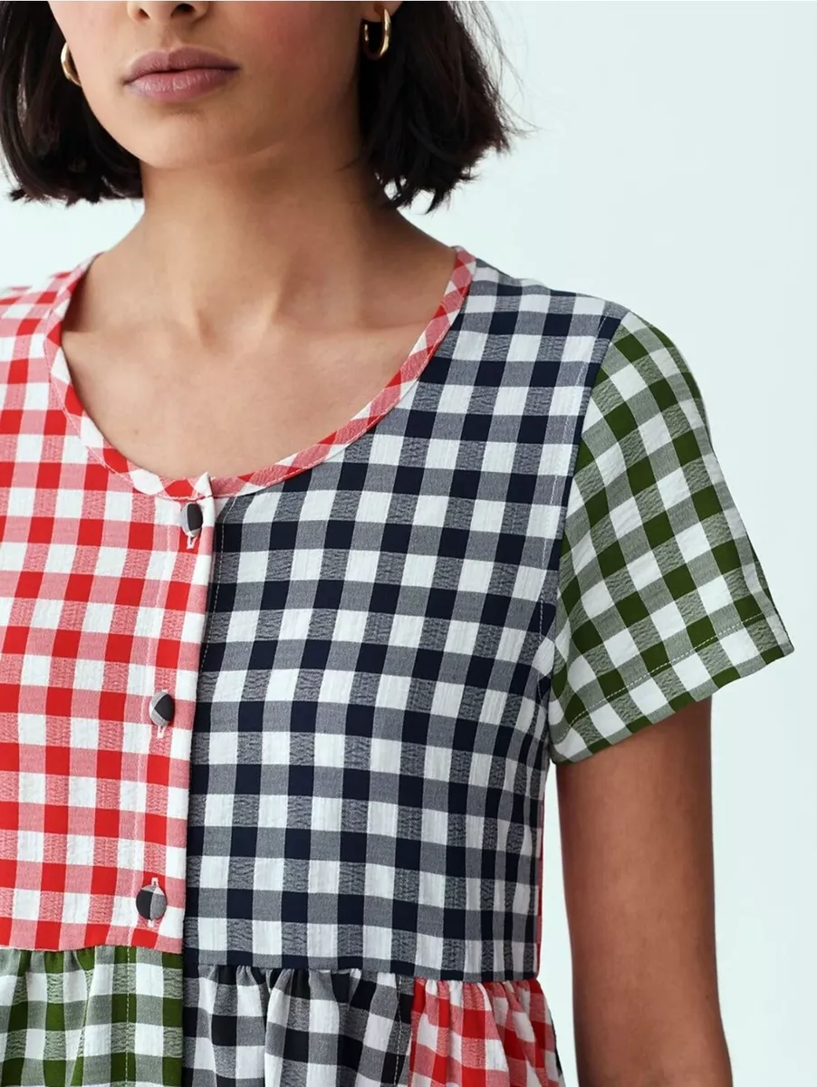 Lazy Oaf Dress 14 Gingham Check Midi Patchwork Button Plaid