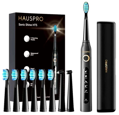 HAUSPRO Sonic Electric Toothbrush Luxury Black Gold 8 heads 5 Modes USB Case