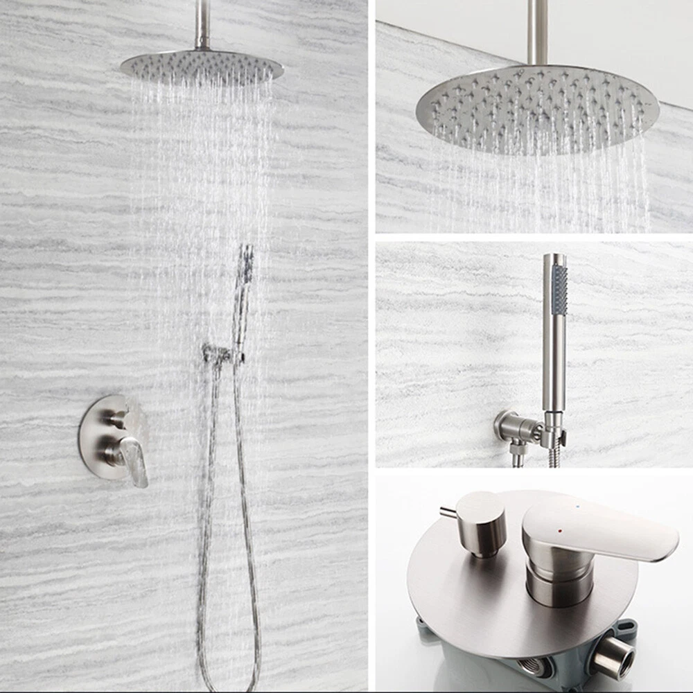 16" Brushed Nickel Ceiling Mount Shower Head 2-Way Mixer Valve Hand Shower Taps