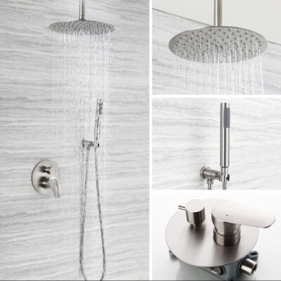 Round Ceiling Mount Brushed Nickel Shower Head 2-Way Mixer Valve Hand Shower Tap