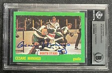 CESARE MANIAGO SIGNED 1973-74 TOPPS NORTH STARS CARD BECKETT COA 658