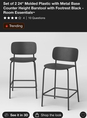 2pk 24'' Molded Plastic with Metal Base Counter Height Barstool Black -