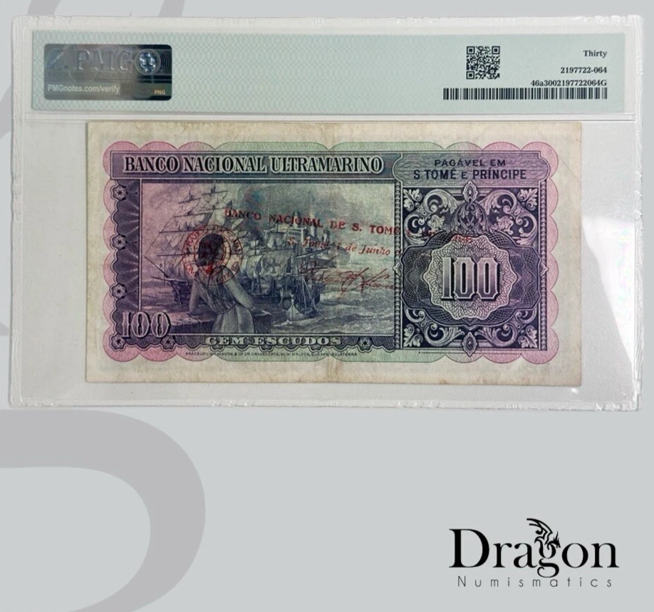 Saint Thomas & Prince 100 Escudos 1976 Banknote P46A PMG VF 30 (OVERPRINT 38A) - Image 2 of 2