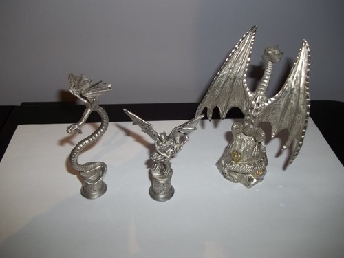 3 Vintage Pewter Large Metal Wing Dragon with Crystals, Wing Snake & Demon