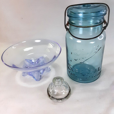 Vintage Glassware Lot: Ball Sure Seal Jar, Tiffin Twilight Bowl & Hold Tite Lid