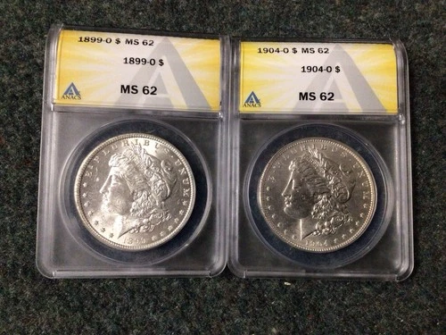 Lot of 2 Morgan Dollars 1899-O ANACS MS62 & 1904-O ANACS MS62  067