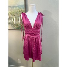 Hot Pink Satin Mini Dress Plunge Tie Shoulder Party Dress Size Large