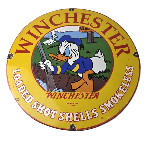 Vintage Winchester Porcelain Sign - Disney Duck Shot Gun Firearms Gas Pump Sign