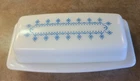 VTG PYREX 60’s BUTTER DISH WITH LID!  BLUE & WHITE SNOWFLAKE GARLAND! EUC