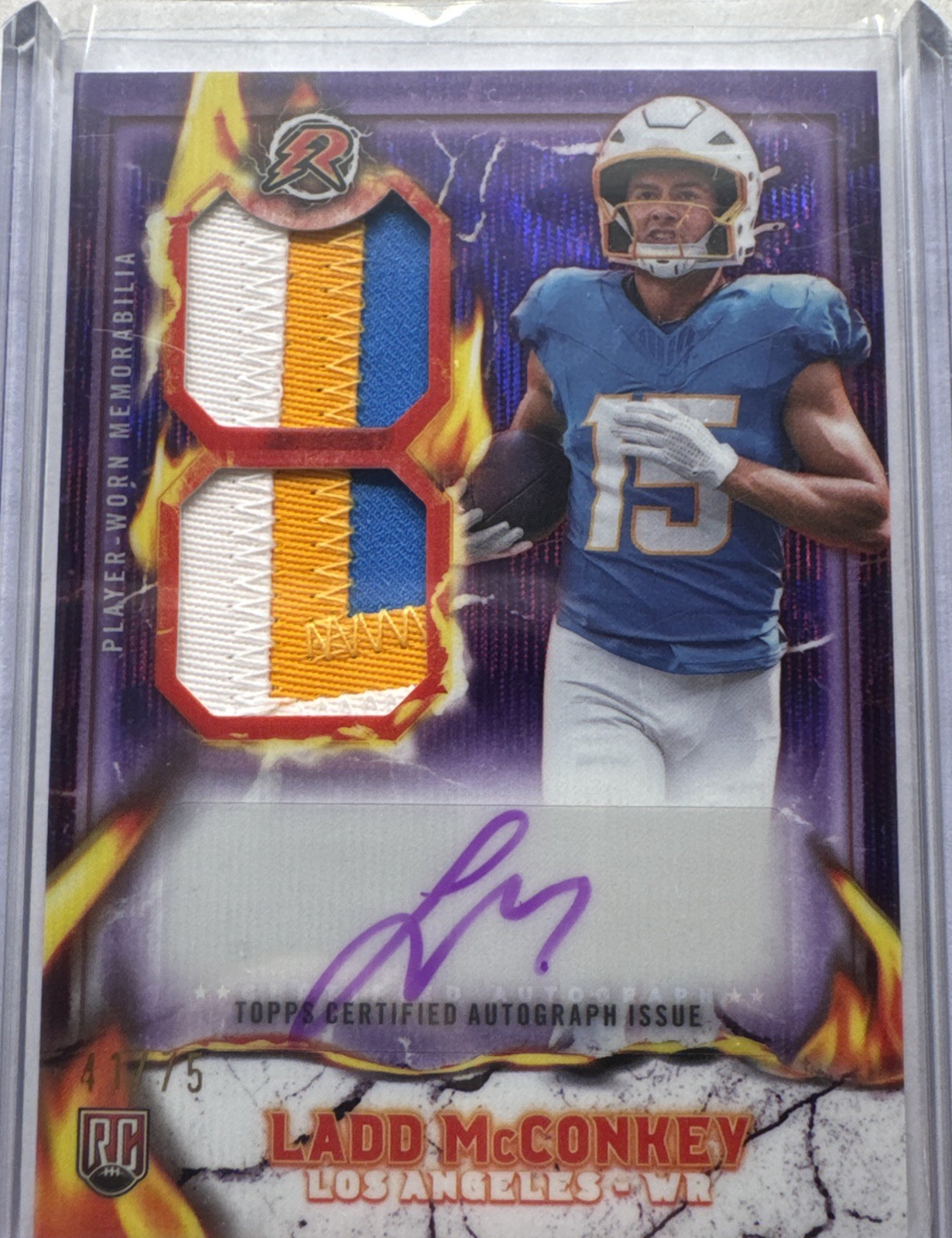 2024 Topps Resurgence Ladd McConkey Dual 3 Color Patch Purple Surge Auto #/75