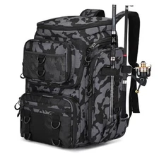Fishing Backpack with Rod Holder, Waterproof Fishing Bag for Fishing Black Camo