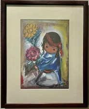 Untitled. Girl with Yellow and purple Flowers     by Ted DeGrazia