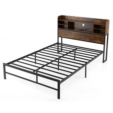 COSTWAY Double Size Bed Frame with LED Lights & Charging Station