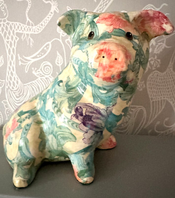 Decoupage Schwein Vintage florales Design 13cm Keramik Global Studios grün mix süß