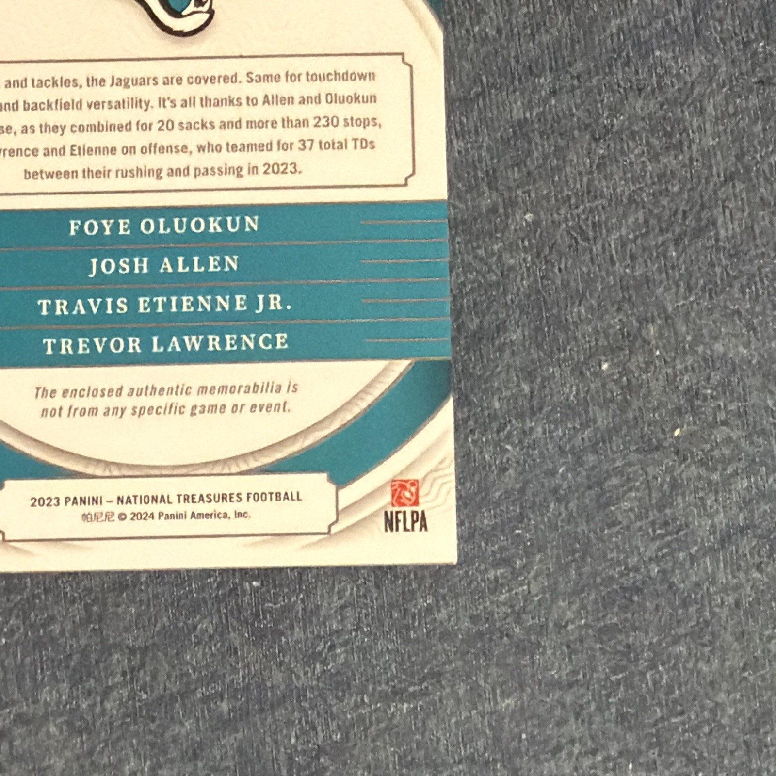 2023 National Treasures NFL Gear Quad Swoosh  Lawrence/Etienne/Allen/Oladuk 1/1 view 11
