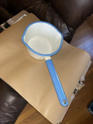 VTG enamelware milk pot/saucepan, ft. a white body, blue rim, and blue handle